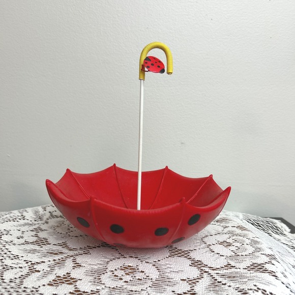 Red Umbrella Trinket Dish Ladybug Accent Whimsical Decor Candy Nut Tray 8"T x 7" - Picture 1 of 7